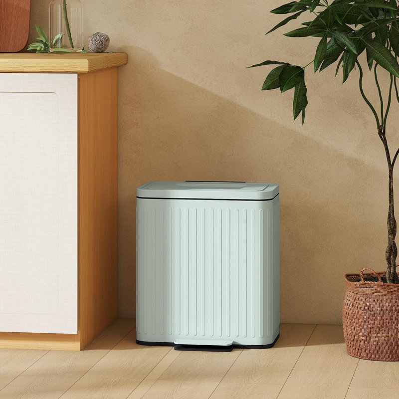 Poubelle double de 2 x 5,3 gallons (20 litres) à pédale, en métal vert pâle, avec couvercle à fermeture douce et seaux amovibles. Parfait pour la cuisine, le bureau et le vestibule.