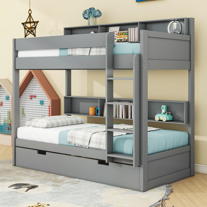 Lit superposé élégant en bois avec tablettes de rangement intégrées et lit gigogne escamotable, Gris, Simple sur simple