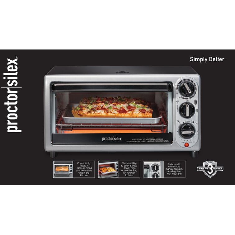 Proctor Silex 4 Slice Modern Toaster Oven Toast Pizza Bake Broil Black  Silver - Office Depot