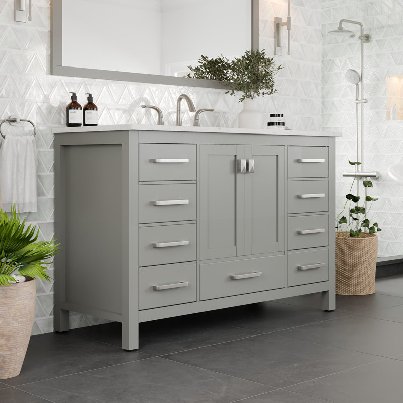 Minnich 48"W x 22"D Bathroom Vanity with Undermount Porcelain Sink, Gray, Quartz - White Carrara