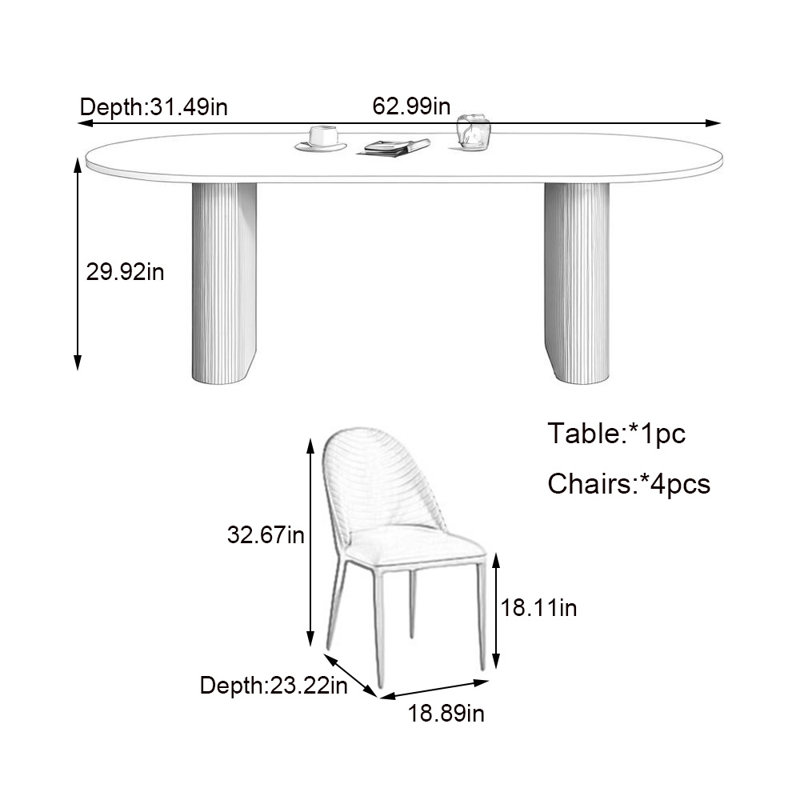 Table et chaises ovales pour la maison, Blanc, H 29,92 po x L 62,99 po x l 31,49 po