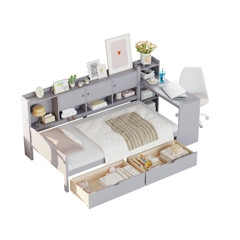 Lit de jour en L gris avec rangement, bureau d'étude et bibliothèque - espace pour les espaces, taille simple, 3 armoires, 2 tiroirs, étagère intégrée, chambres d'amis multifonctionnelles