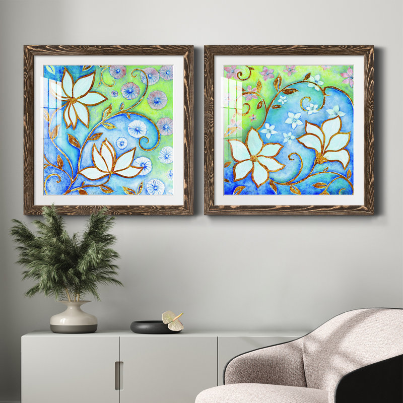 Garden Fantasy I - ensemble de 2 peintures encadrées, H 31,5 po x l 63 po x P 1,5 po, Encadré de bois de noyer