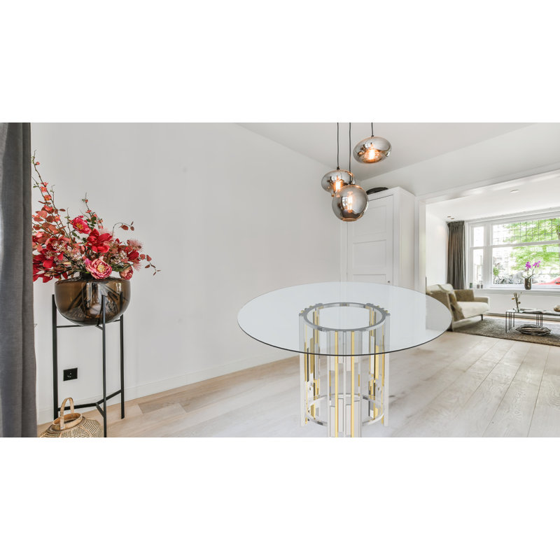 Luxury Round Glass Dining Table With Dual-tone Gold & Chrome Stainless Steel Base