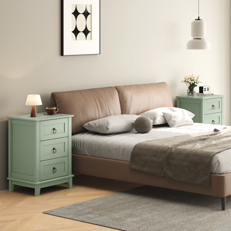 Modern 3-Drawer Wooden Nightstand Set Of 2, Tall & Narrow, Green