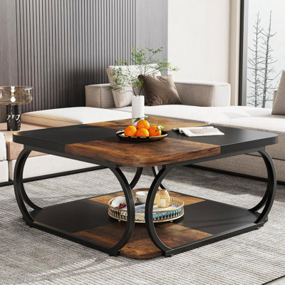 Table basse carrée de 39 po avec tablette de rangement - Table basse de ferme moderne à 2 niveaux avec structure incurvée en métal robuste, table basse centrale pour le salon