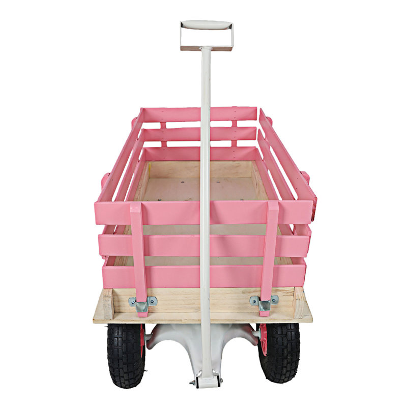 Outdoor Wooden Wagon Cart With Folding Handle, Pink/White