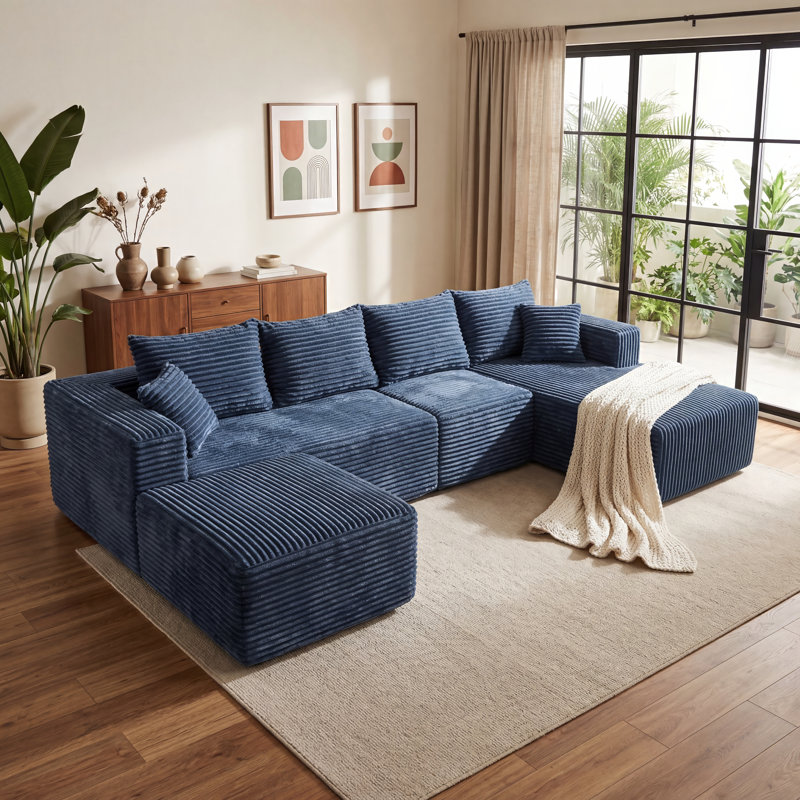 Canapé modulaire rembourré 4 pièces Kapellen, Bleu, Orienté à droite