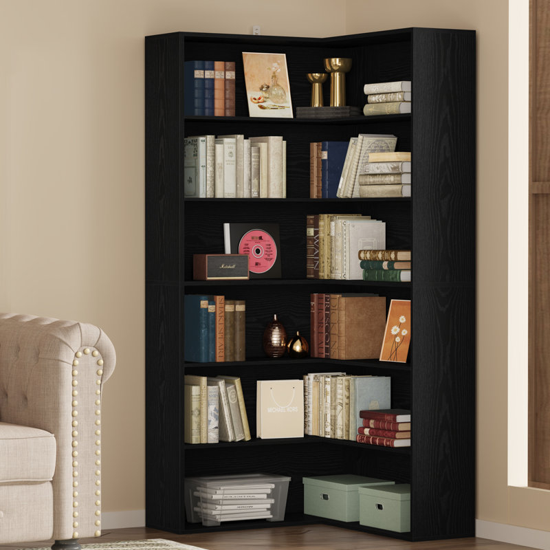 Corner Bookshelf With Baffles, 6 Tier Large Corner Shelf Storage Display Rack For Living Room Home Office, Black
