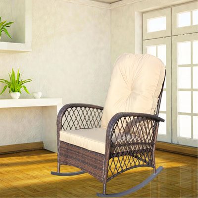 Chaise berçante d'extérieur en osier avec assise large, coussin épais et moelleux, chaise berçante en rotin avec structure en acier, capacité de poids élevée pour le patio, le jardin, la cour arrière, coussin brun peu profond