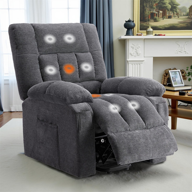 Oversized Power Lift Recliner Chair, Large Electric Recliner With Massage, Cup Holders, Side Pockets, Grey