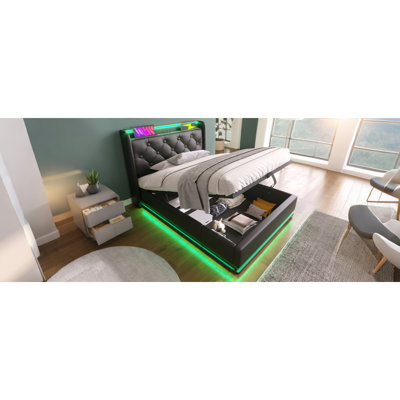 Lit simple tapissier, fonction DEL à 360 degrés, boutons / applications / télécommande, lit de rangement hydraulique avec chargement USB Type-C, noir, polyuréthane (sans matelas)
