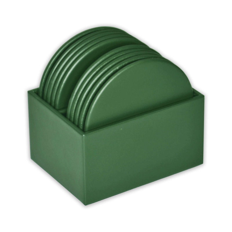 Ensemble de 10 sous-verres en cuir vert foncé avec support