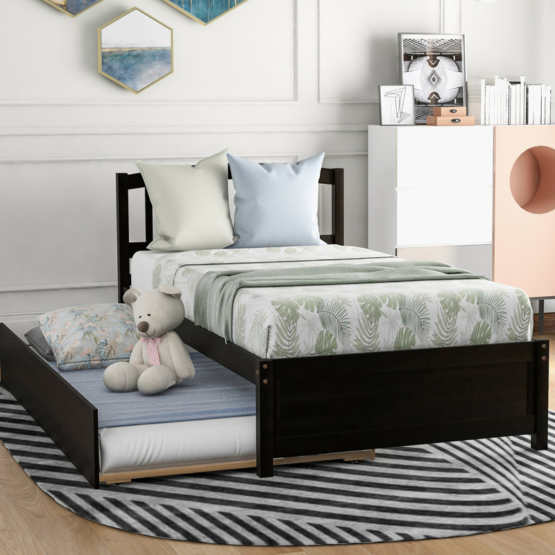 Lit plateforme simple avec lit gigogne en bois massif pour une chambre à coucher durable, Espresso