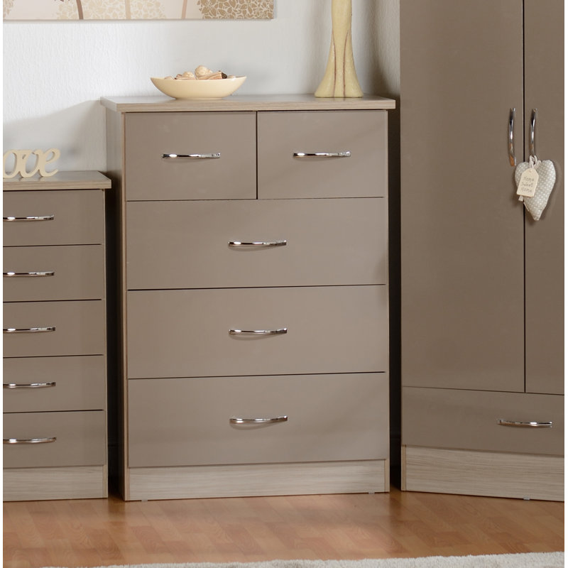 Cascio 5 Drawer Chest Of Drawers, Oyster Gloss/Light Oak Effect Veneer