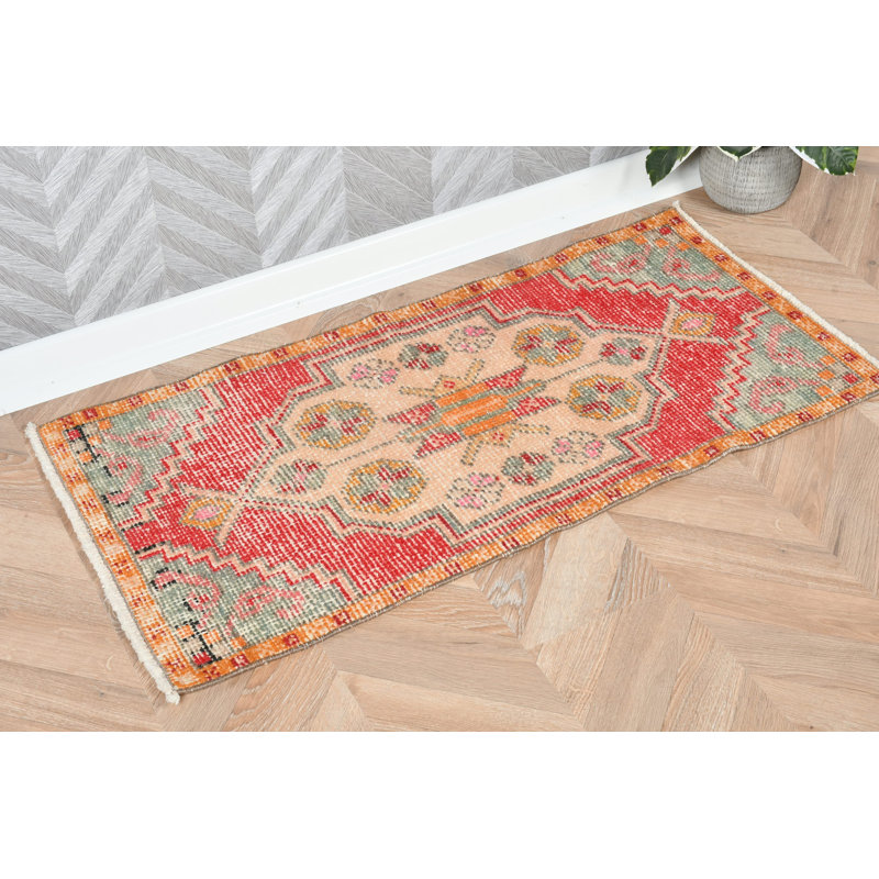 Red Wool Turkish Rug Hand Woven With Aztec Abstract Pattern Perfect For Outdoor Use And Bathroom Decor