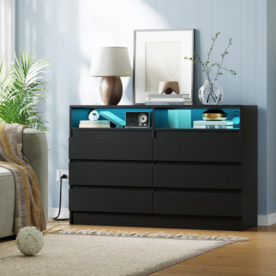 6 Drawer Dresser with USB Charging Station, Power Outlet - Modern Storage Cabinet for Bedroom, Living Room, Entryway
