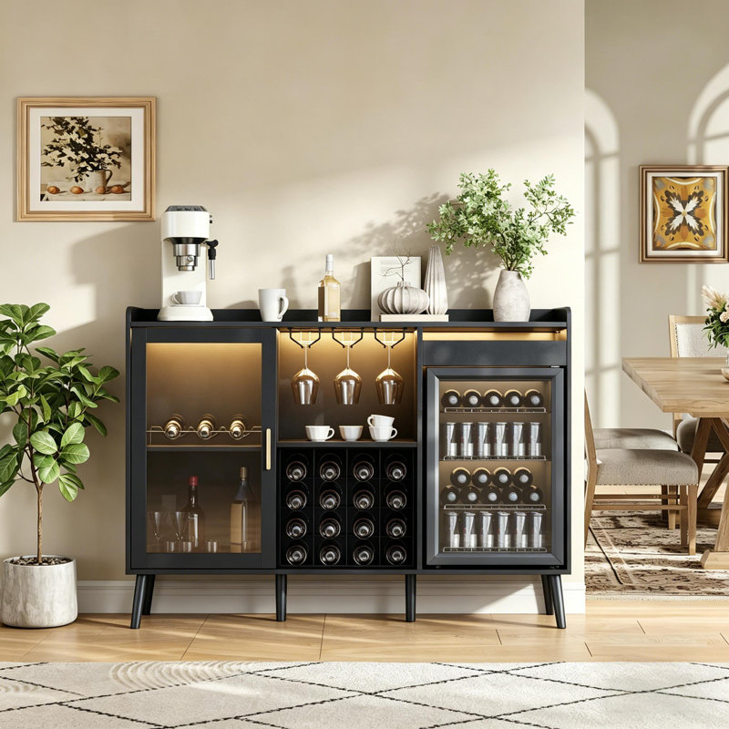 Black Coffee Bar Cabinet With Fridge Space, Liquor Cabinet With Power Outlet & Led Light, Mini Fridge Cabinet With Wine Rack & Glass Holder, Wine Bar Cabinet For Living Room, Home Bar