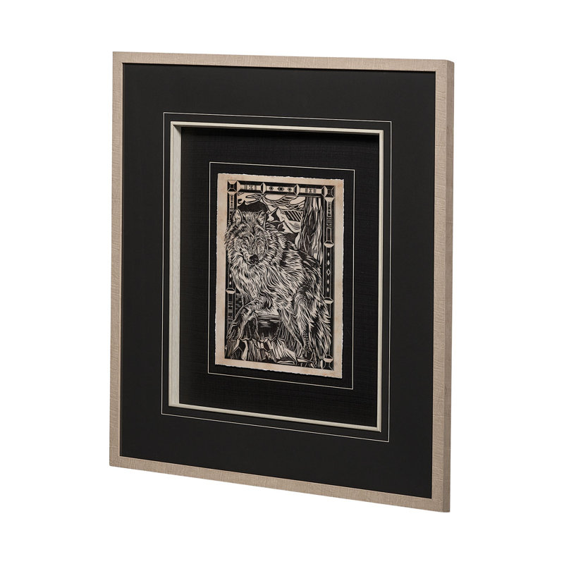 Linocut IV a Hand Embelished Textured Framed Art Print Matted under Glass, Wolf