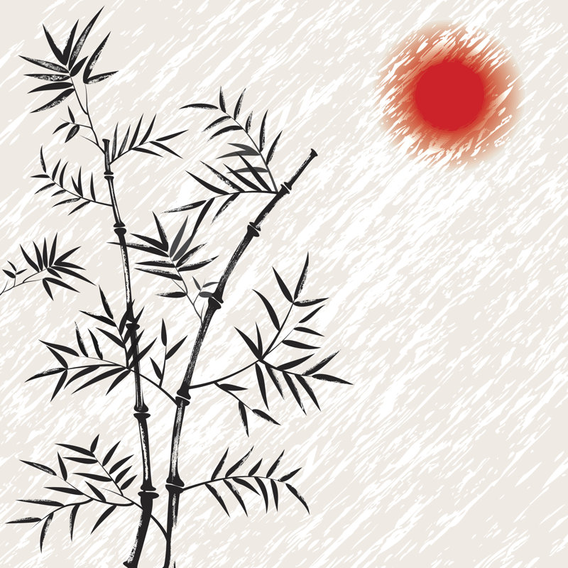 Loisjean fond chinois avec soleil rouge sur toile par Kilav, peinture, H 12 po x l 12 po