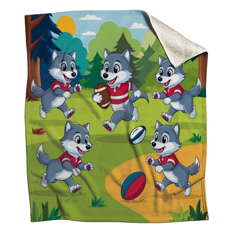 Caricature de loups jouant aux couvertures de rugby, L 60 po x H 80 po
