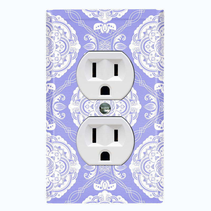 Metal Light Switch Plate Outlet Cover (Black White Elegant Circular Mandala Flowers Tile   - Single Duplex), Lavender