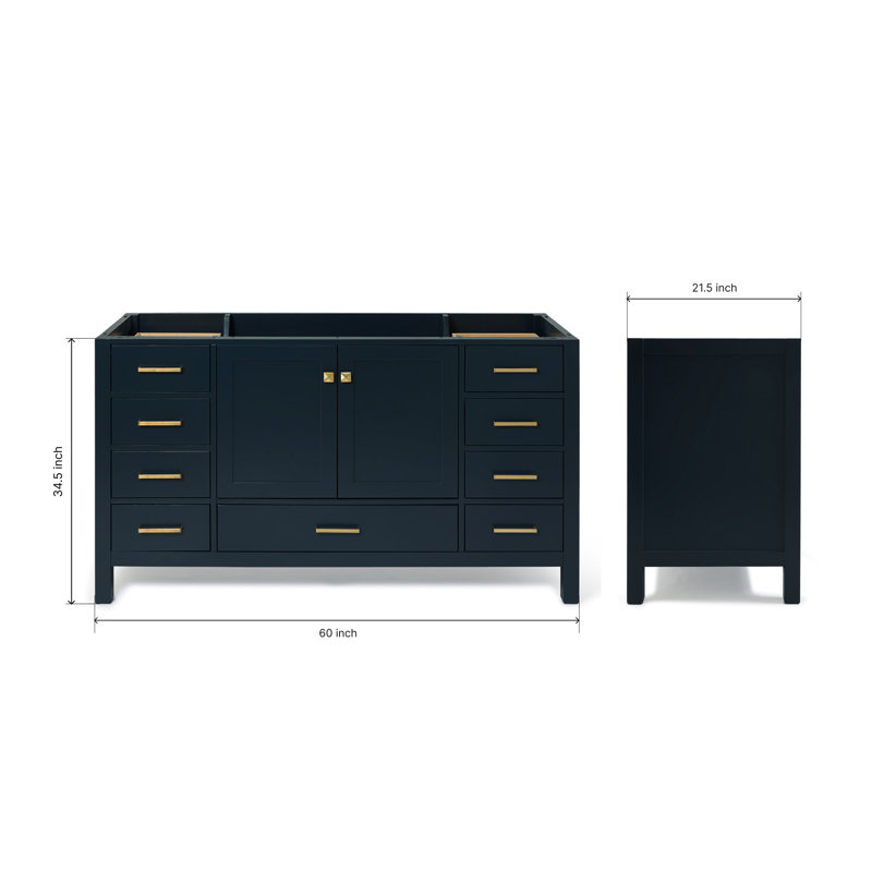 Cambridge 60'' W Single Bathroom Vanity Base, Midnight Blue, Satin Brass