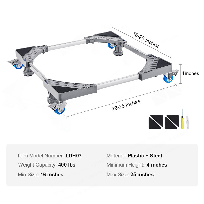 Mini support de réfrigérateur, charge de 400 lb, 4 pieds robustes, 4 roues pivotantes verrouillables, piédestal laveuse et sécheuse, base réglable multifonctionnelle pour machine à laver et réfrigérateur, base mobile universelle
