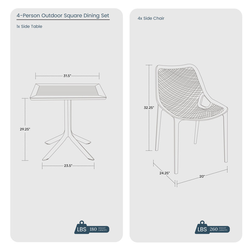 Ensemble repas carré pour 4 personnes, Blanc