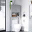 Rangement de salle de bain gris avec rangement réglable pour salle de bain à double porte avec tablette réglable et espace ouvert pour porte de shampooing, intérieur