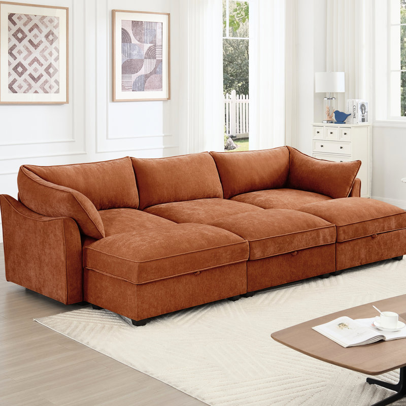 Chenille orange à 3 places avec repose-pieds, fonction de rangement modulaire, accoudoir en forme de croissant et matériau de peau douce, canapé modulaire à choix de couleurs multiples, tiroir sous chaque siège, ligne épurée