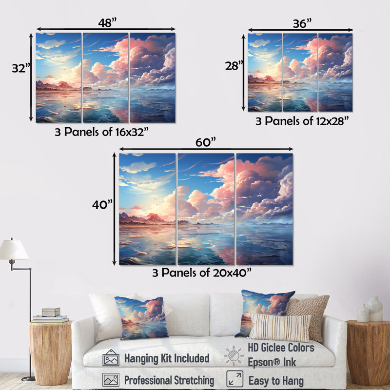 «Aqua Pastel Clouds Lansdcape», ensemble de reproduction d'art mural nuages, Toile tendue, H 32 po x l 48 po x P 1 po