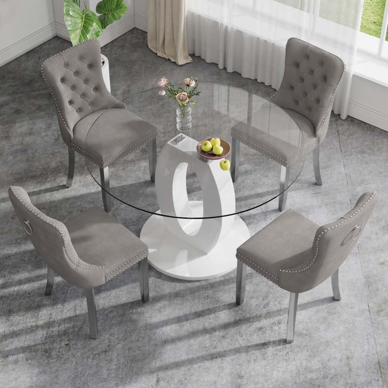 High Gloss Round Dining Table Set with 4 Velvet Dining Chairs, Gray/Silver