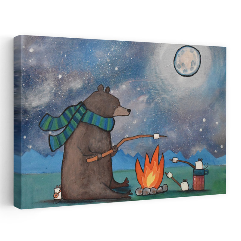 «Bear Campfire Night Abstract Contemporary Forest Forest», reproduction d'art mural, H 32 po x l 48 po