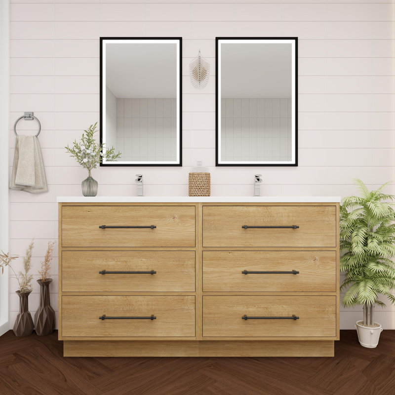 Oak Finish Double Bathroom Vanity with Acrylic Top