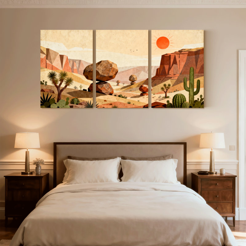 «Landscape & Nature Desert Landscape with Cacti and Rock Formations», ensemble de 3 impressions d'art sur toile