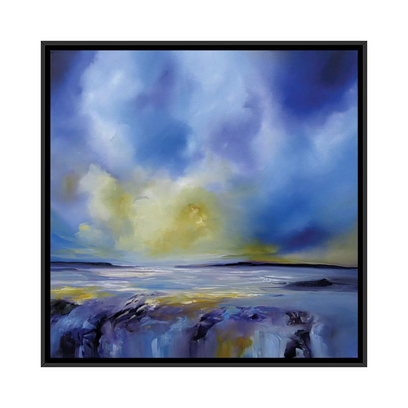 « blue symphony i », peinture sur toile tendue, H 18 po x l 18 po x P 1,5 po, Toile avec cadre noir, Pas de tapis