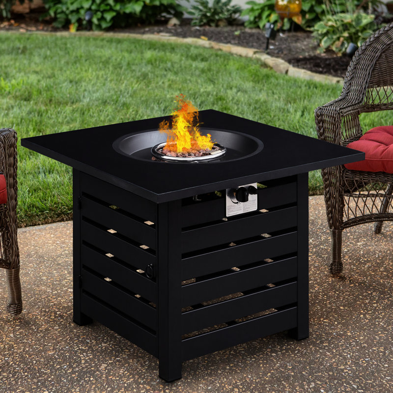 Foyer de table carré au gaz propane 32 pouces avec allumage automatique 50 000, couvercle imperméable, assemblage facile, parfait pour les terrasses, gaz d'allumage, métal et carrelage, idéal pour la cour arrière
