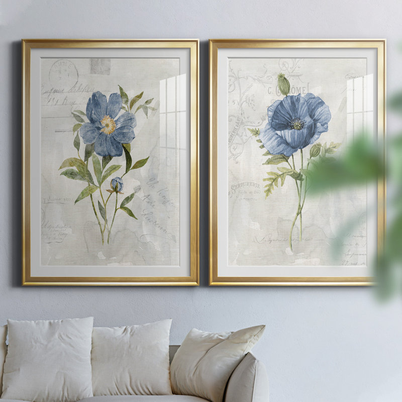 Blue Linen Peony - ensemble de 2 reproductions d'art, H 26,5 po x l 73 po x P 1,5 po, Blanc, Papier encadré doré