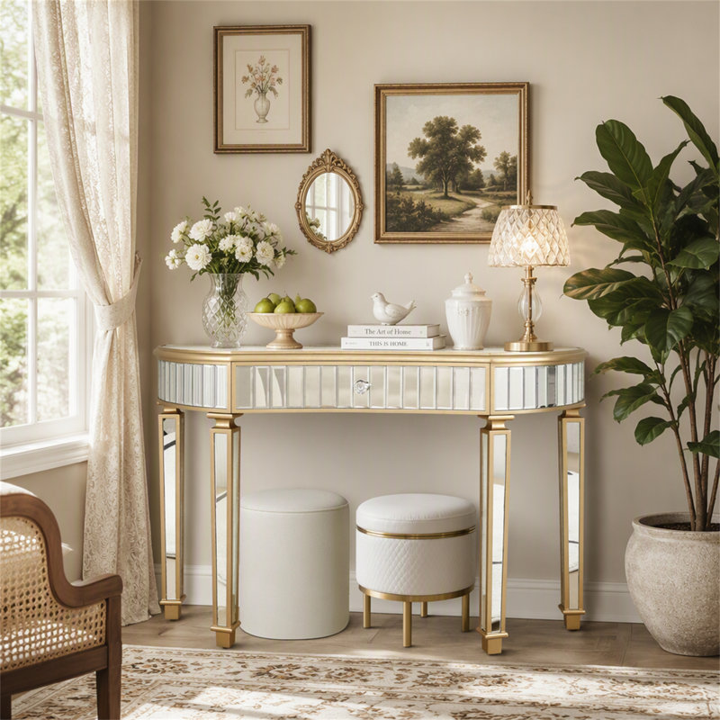 Console 47 po avec miroir demi-lune en verre cannelé et tiroir en cristal, Argent / doré, argent, Or / argent