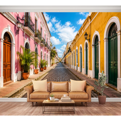 Wall Mural Peel and Stick Wallpaper fisheye view street old san juan puerto rico puerto ricos Self-Adhesive Removable Contact Paper Wall Decor for Living Room Bedroom 100"H x 144"W