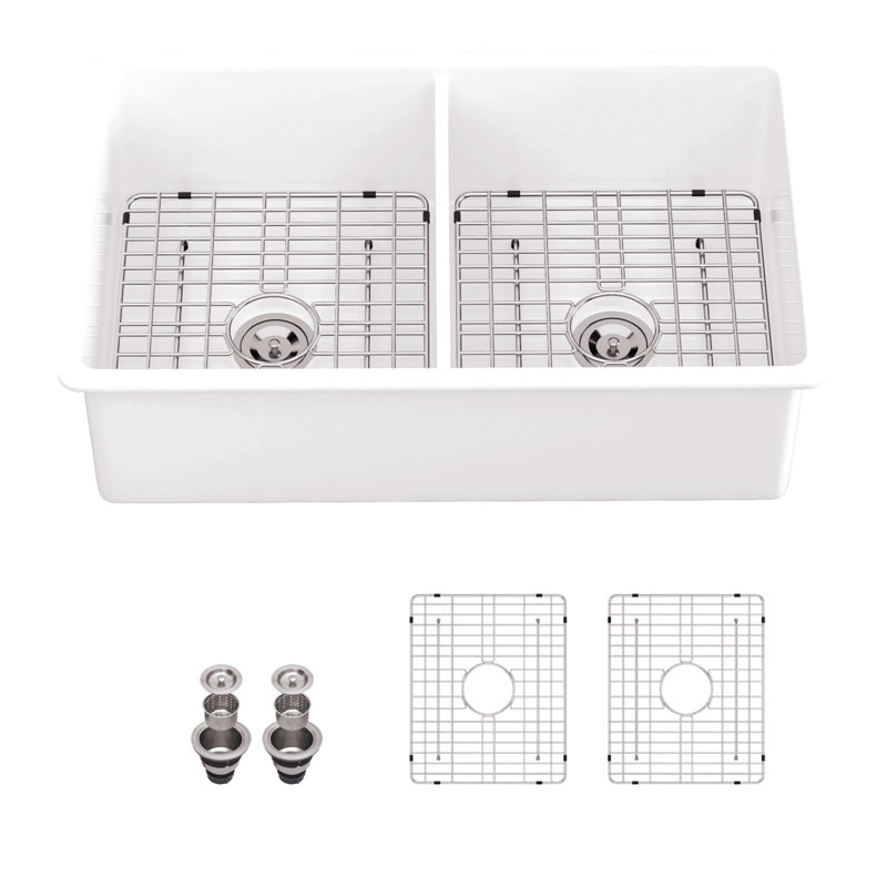 32" Undermount Ceramic Kitchen Sink - Dual Mount White Ceramic Rectangular Deep Sink Basin