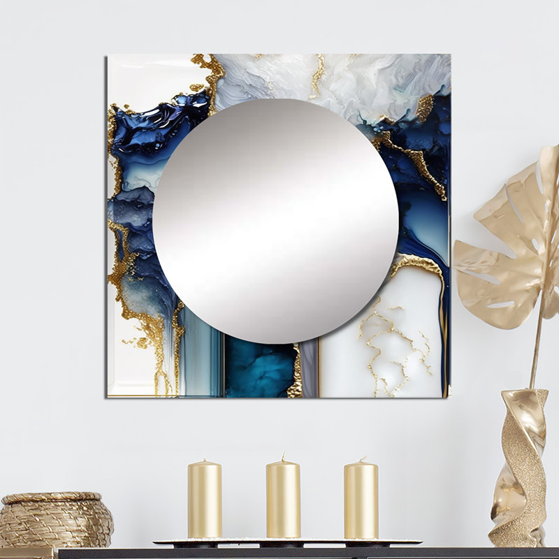 Miroir abstrait en marbre blanc et bleu I Geode, 36 po x 36 po