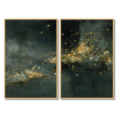 «Curious Fireflies At Night - Fireflies», impression sur toile jaune nature, 2 pièces