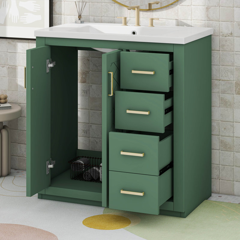 Ensemble de meuble-lavabo 30 po avec lavabo en céramique et porte à 3 tiroirs, Vert