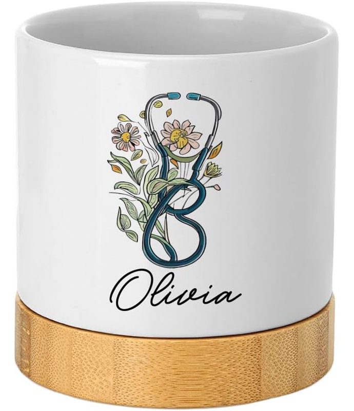 Pot de fleurs personnalisé 4 "avec drainage, stéthoscope floral et nom, cadeau pour chien, Oui