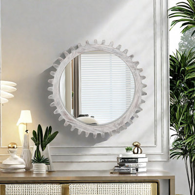 Miroir décoratif vintage rétro en bois massif de forme suspendue 26 po x 26 po pour le vestibule du salon de la salle de bain ou assemblé à votre goût. (Blanc délavé antique)