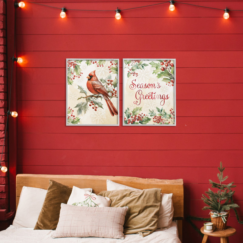 Season's Greetings and Cardinal, ensemble de 2 giclées encadrées, design par Nicole DeCamp, Estampe numérique Farmhouse