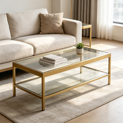 Modern Rectangular Coffee Table with Brass Frame and Tempered Glass Top, 45-Inch Wide for Living Room and Studio Apartment