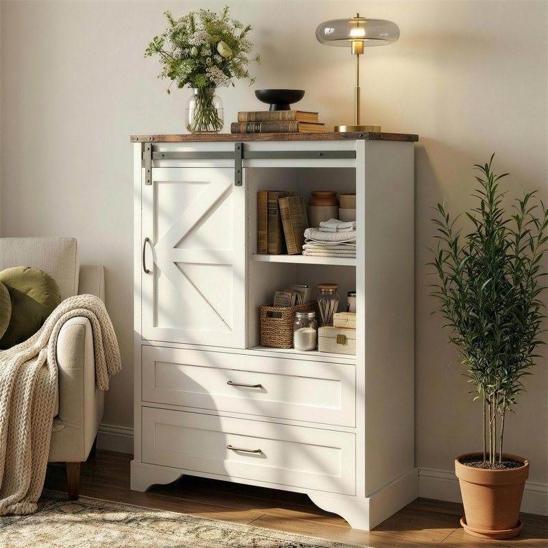 Commode de rangement à 5 tiroirs 47 "avec porte de grange et tablette Farmhouse, Blanc
